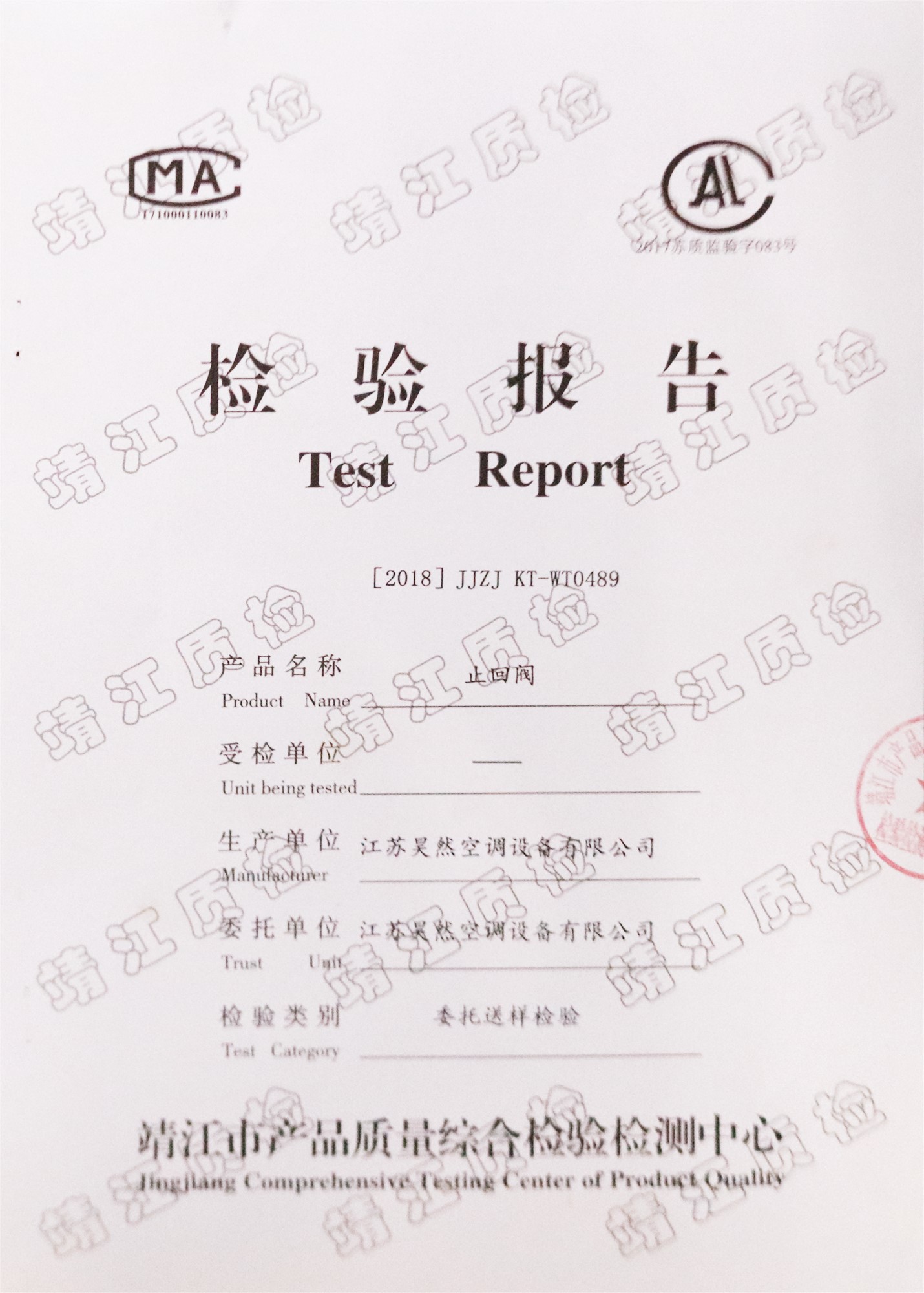 止回阀检测报告